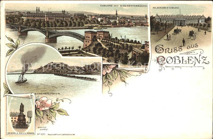 Koblenz Rhein Eisenbahnbruecke Schloss Goeben-Denkmal Litho