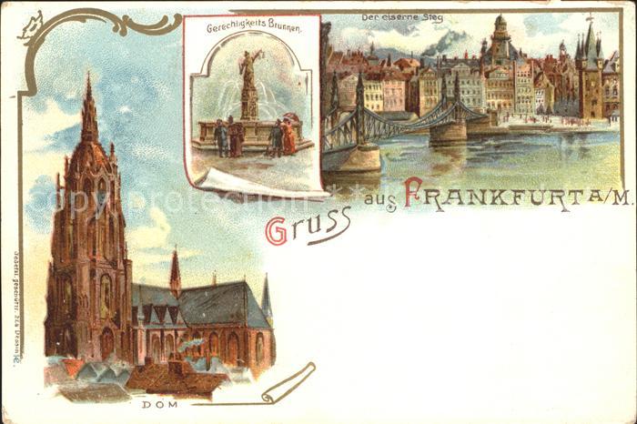 Frankfurt Main Gerechtigkeitsbrunnen Dom Eiserner Steg Litho