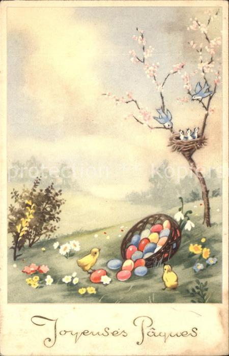 Ostern Easter Paques Kueken Blumen Ostereier  Schneegloeckchen Voegel Nest