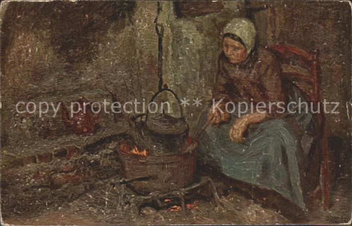 Kuenstlerkarte J. Schrag Am Feuer