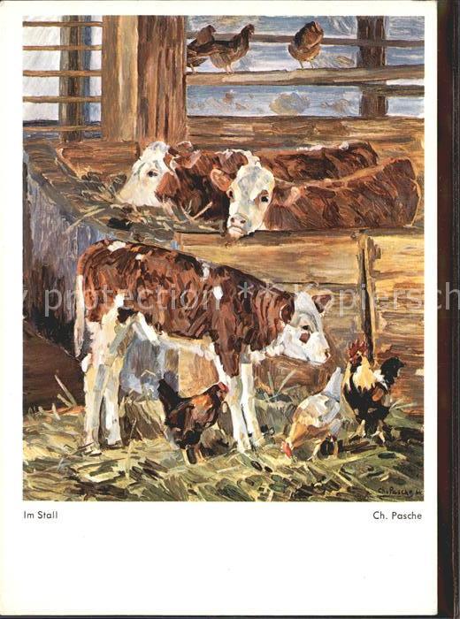 Kuenstlerkarte Ch. Pasche Im Stall Fussgemalt Nr. 859 Kuehe Huehner