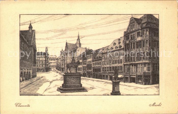 CHEMNITZ Sachsen Markt Denkmal Zeichnung Kuenstlerkarte