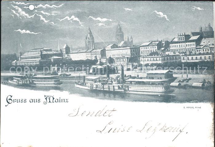 Mainz Rhein Rheinufer Dampfer im Mondschein Deutsche Reichspost