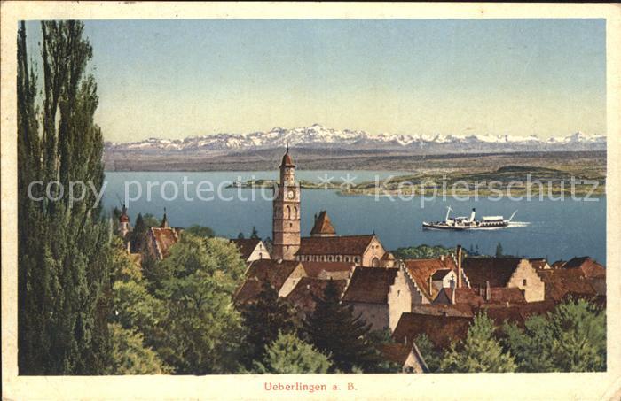 ueberlingen Bodensee Panorama mit Schweizer Alpen Dampfer Kirche