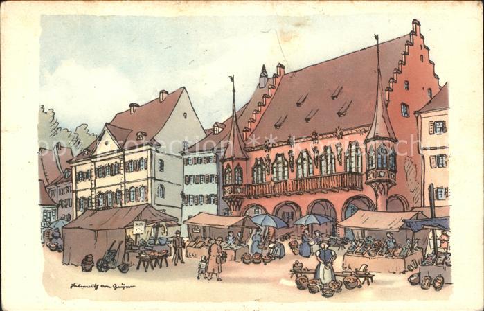 Freiburg Breisgau Kaufhaus Markt Kuenstlerkarte Originalzeichnung H. v. Geyer