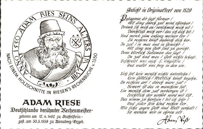 Staffelstein Adam Riese Rechenmeister Holzschnitt Gedicht
