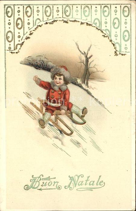 Schlitten Schnee Kind Wintermode Weihnachten Litho