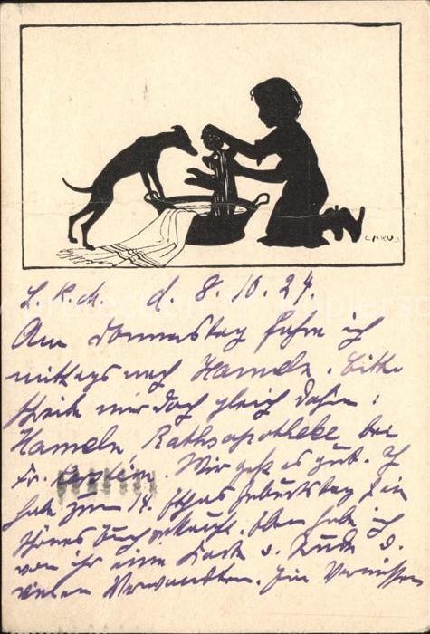 Scherenschnitt Schattenbildkarte Kind Hund Puppe Bad Wanne