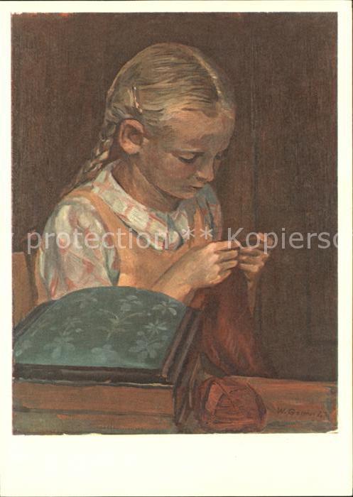 Kuenstlerkarte Walter Gessner Maedchenbildnis Handarbeit stricken