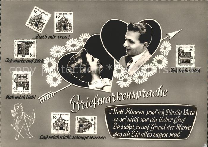 Briefmarkensprache Paar Blumen Amor Gedicht
