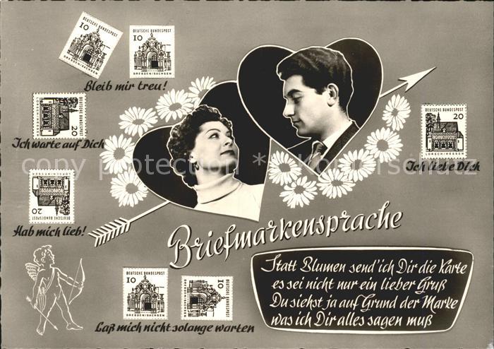 Briefmarkensprache Paar Herzen Blumen Amor Gedicht