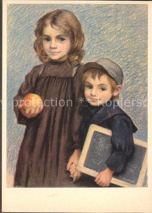 Kuenstlerkarte Emil Beurmann Auf dem Schulweg Spendenkarte Pro Infirmis Kinder S