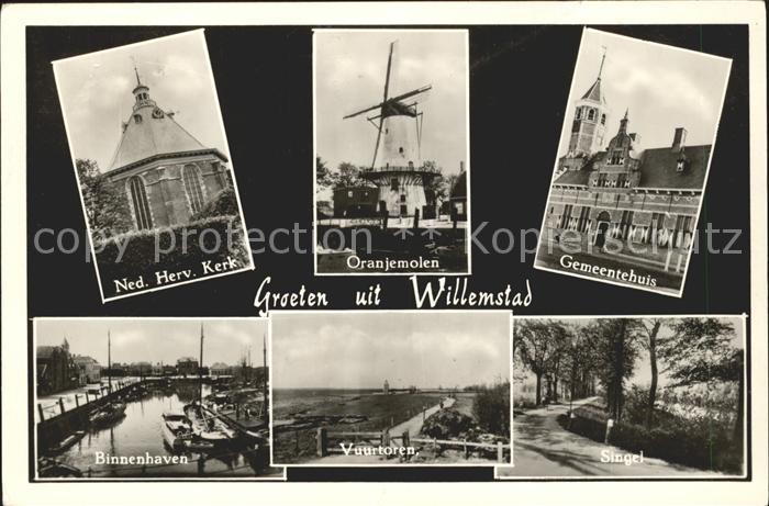 Willemstad Niederlande Ned Herv Kerk Oranjemolen Gemeentehuis Binnenhaven Vuurto