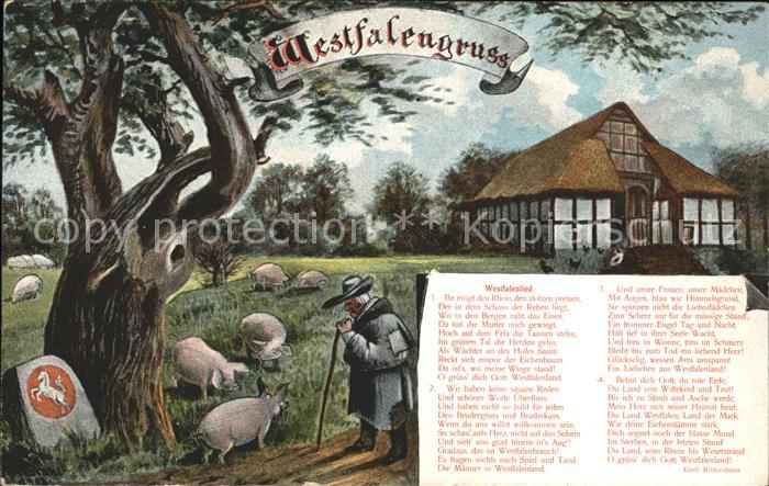 Westfalen Region Heimatbilder Westfalenlied Gruss Bauernhaus Schafherde Wappen
