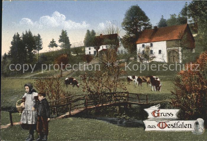 Westfalen Region Bauersfrau Bauernhaus Viehweide Kuehe Westfalengruss Westfalenl