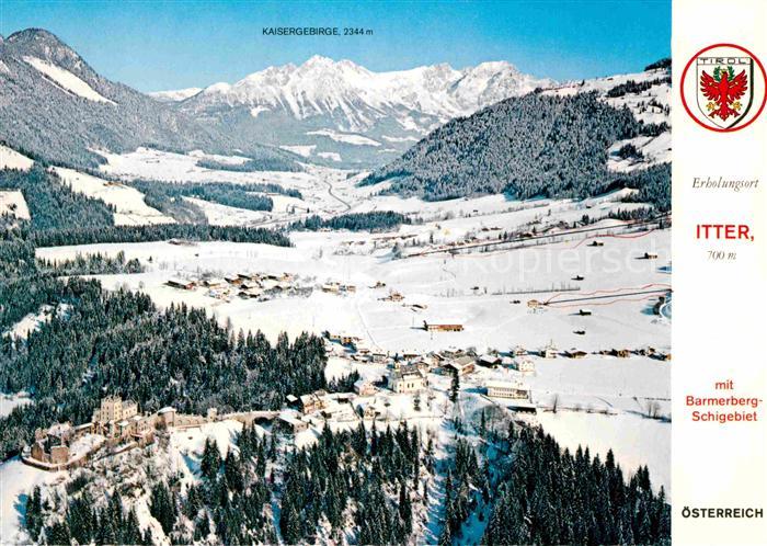Itter Tirol Fliegeraufnahme mit Barmberg Skigebiet und Kaisergebirge