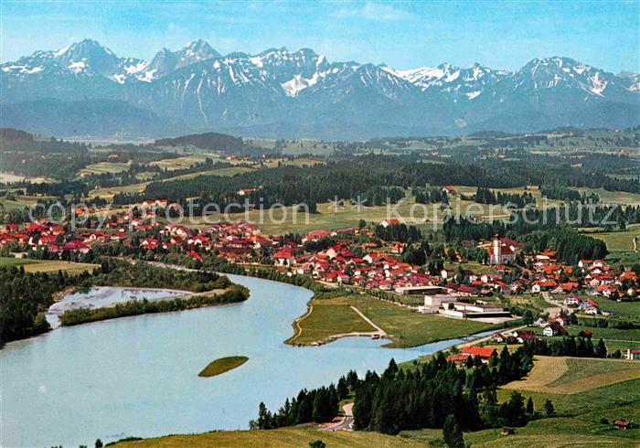 Lechbruck See Fliegeraufnahme mit Tiroler und Allgaeuer Alpen