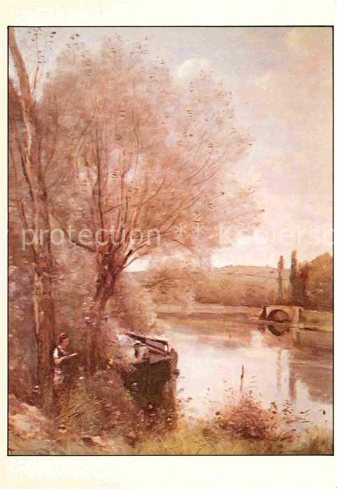 Kuenstlerkarte Jean-Baptiste Camille Corot Die Lesende am Fluss 1865 Naturalismu