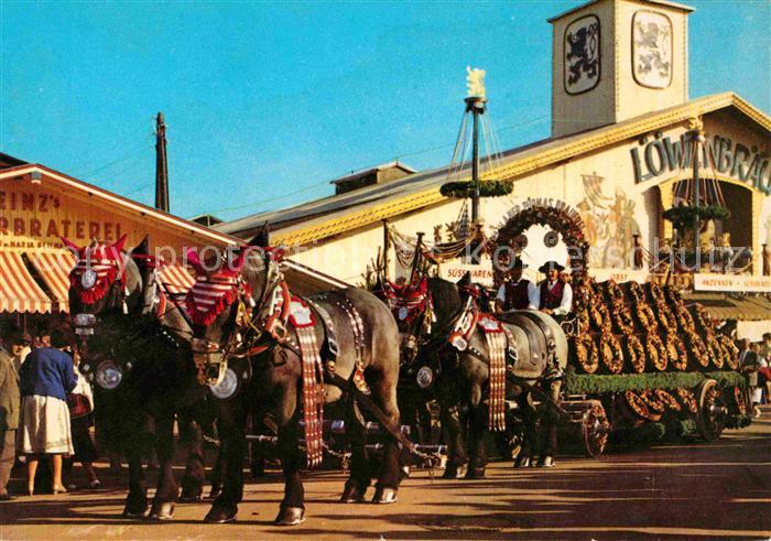 Muenchen Bayern Festlich geschmueckter Bierwagen Vierergespann Kaltblueter Pferd