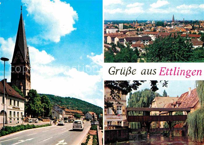 Ettlingen Hauptstrasse Kirche Blick ueber die Stadt Holzbruecke