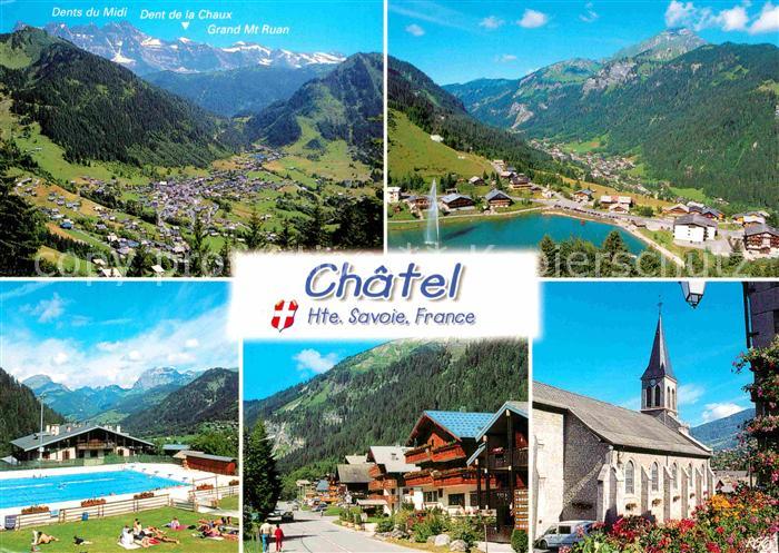 Chatel Haute-Savoie Alpenpanorama Freibad Ortsmotiv Kirche