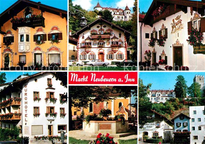 Markt Neubeuern Haeuser mit Fassadenmalerei Burghotel Brunnen