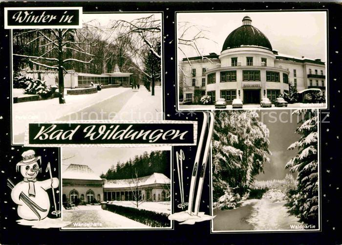 Bad Wildungen Wandelhalle Badehotel Waldpartie im Winter Schneemann Skier