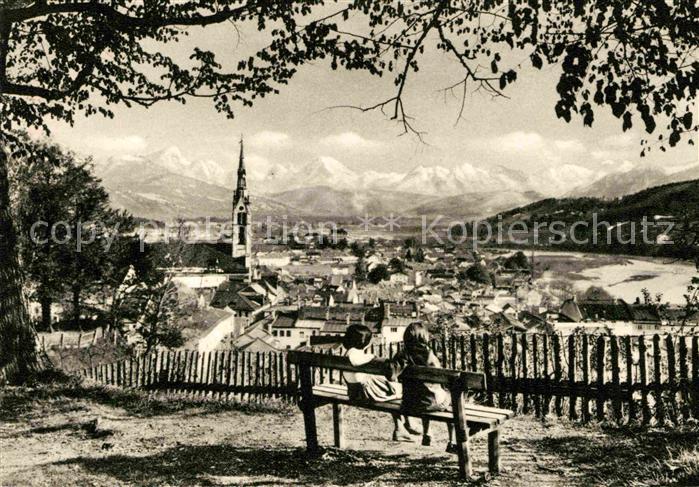 Bad Toelz Panorama Blick vom Kalvarienberg auf Isar und Tiroler Alpen
