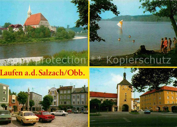 Laufen Salzach Uferpartie am Fluss Kirche Marktplatz Torbogen Badestrand See