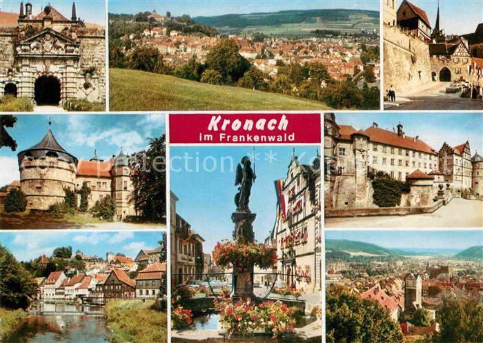 Kronach Oberfranken Panorama mit Veste Rosenberg Brunnen Statue