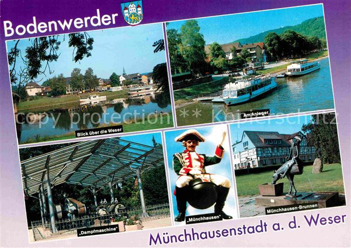 Bodenwerder Blick ueber die Weser Anleger Ausflugsboot Muenchhausen Brunnen Damp