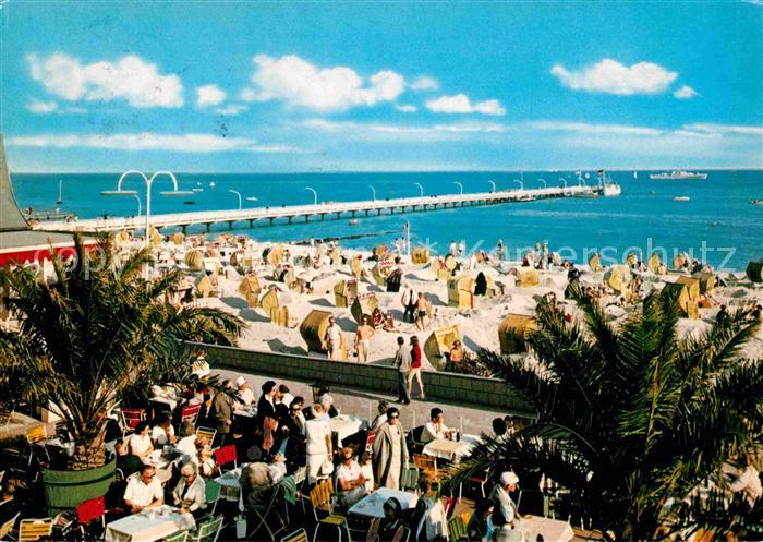 Groemitz Ostseebad Strandhallen Terrasse mit Blick zum Strand und Seebruecke