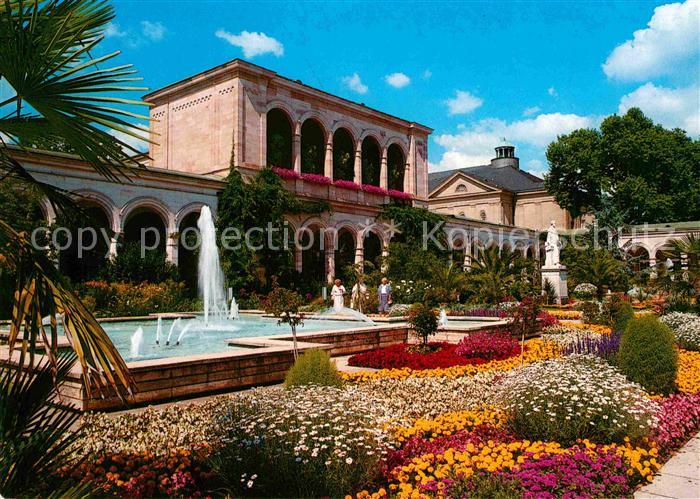 Bad Kissingen Arkaden im Kurgarten Fontaene Blumenbeet