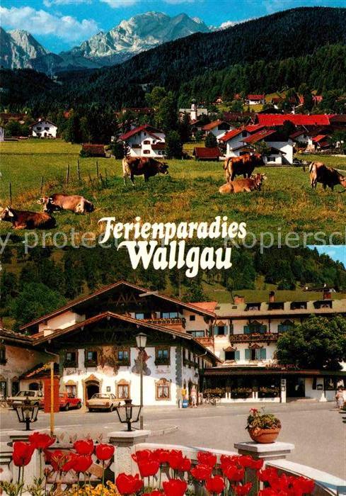 Wallgau Erholungsort gegen Wettersteingebirge Lueftlmalerei Hotel Gasthof Post H