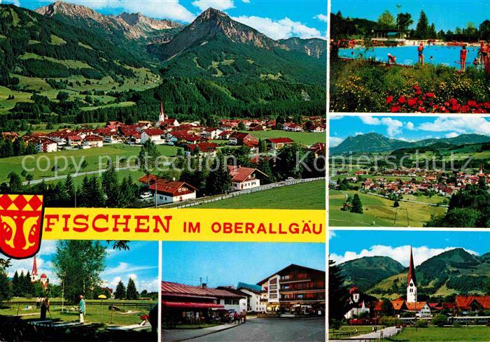 Fischen Allgaeu Gesamtansicht Luftkurort mit Alpenpanorama Freibad Minigolf
