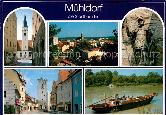 Muehldorf Inn Teilansichten Kirche Tor Statue Bootfahren