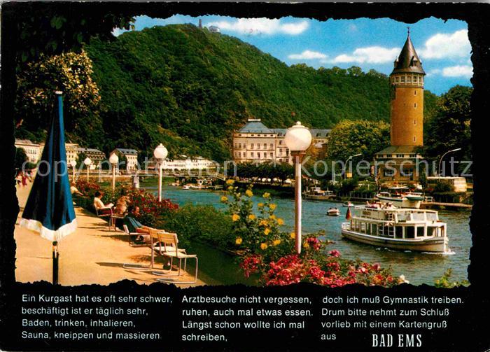 Bad Ems Restaurant Cafe Uferpromenade Ausflugsdampfer Turm Poesie Kurort