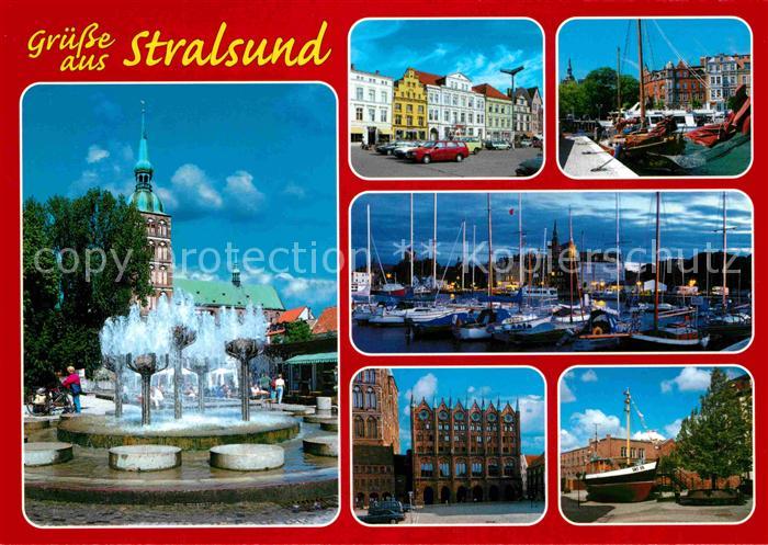 Stralsund Mecklenburg Vorpommern Brunnen Wasserspiele Markt Hafen Segelboote Rat