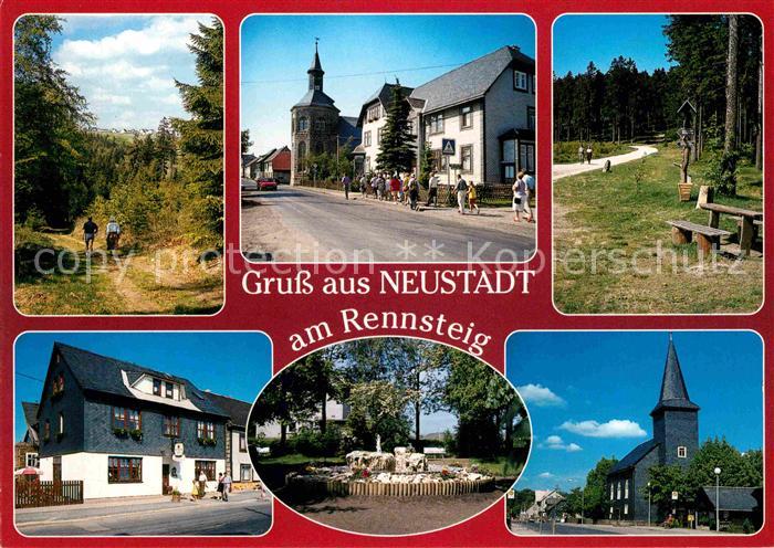 Neustadt Rennsteig Wanderweg Ortsmotiv mit Kirche Brunnen