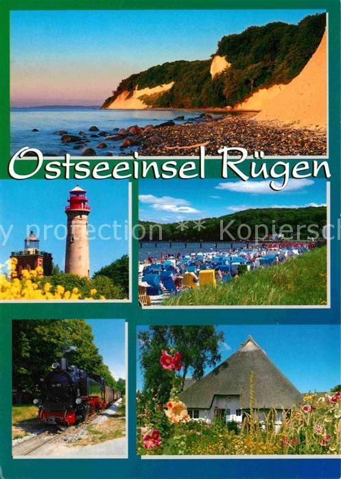 Insel Ruegen Strand Kueste Leuchtturm Inselbahn Dampflokomotive