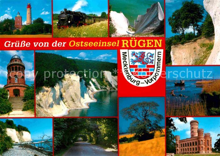 Insel Ruegen Leuchtturm Inselbahn Dampflokomotive Kueste Kreidefelsen Schloss