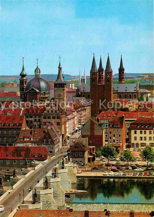 WueRZBURG Bayern Blick auf Alte Mainbruecke mit Rathaus Dom und Neumuenster