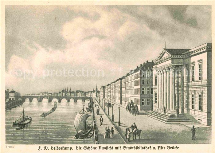 Frankfurt Main Mainpartie mit Stadtbibliothek Kuenstlerkarte Delkeskamp