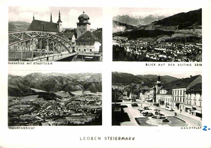 Leoben Murbruecke mit Stadtturm Reiting Fliegeraufnahme Hauptplatz
