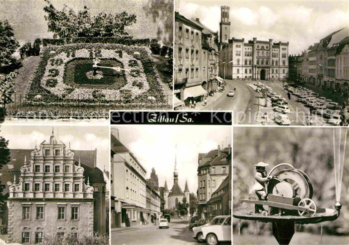 Zittau Blumenuhr Platz der Jugend Rathaus Volkshaus Weberkirche Schleifermaennel