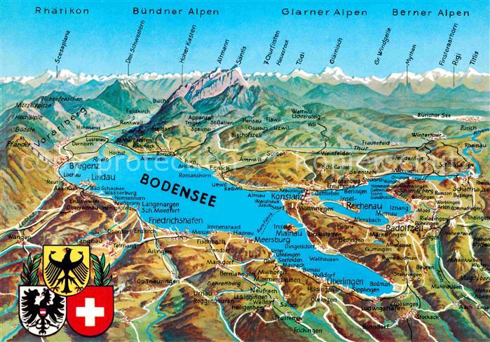 Meersburg Bodensee mit Alpenkette aus der Vogelperspektive bodan Karte