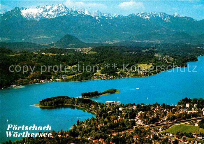 Poertschach Woerthersee mit Mittagskogel Alpenpanorama Karawanken Fliegeraufnahm