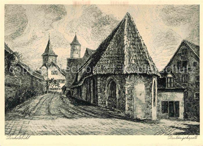 Dinkelsbuehl Dreikoenigskapelle Zeichnung Kuenstlerkarte