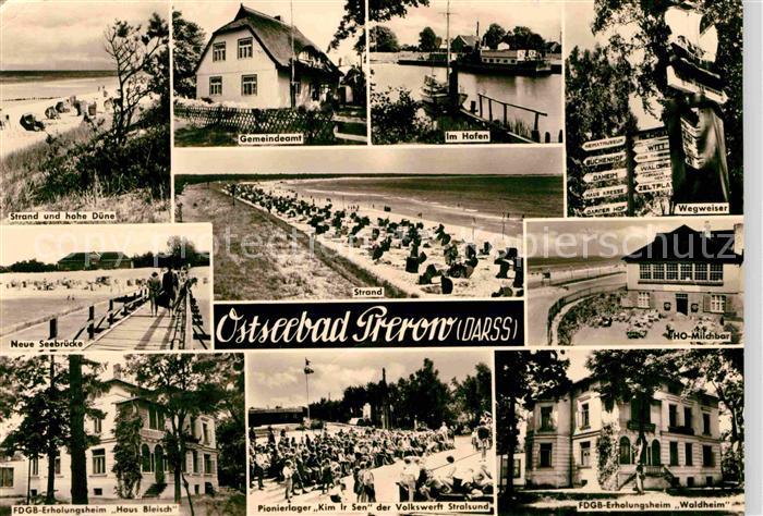 Prerow Ostseebad Strand Hohe Duene Gemeindeamt Hafen Wegweiser HO Milchbar FDGB