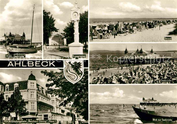 Ahlbeck Ostseebad HOG Seebruecke Fischerboot Konzertplatz Standuhr Strand FDGB E